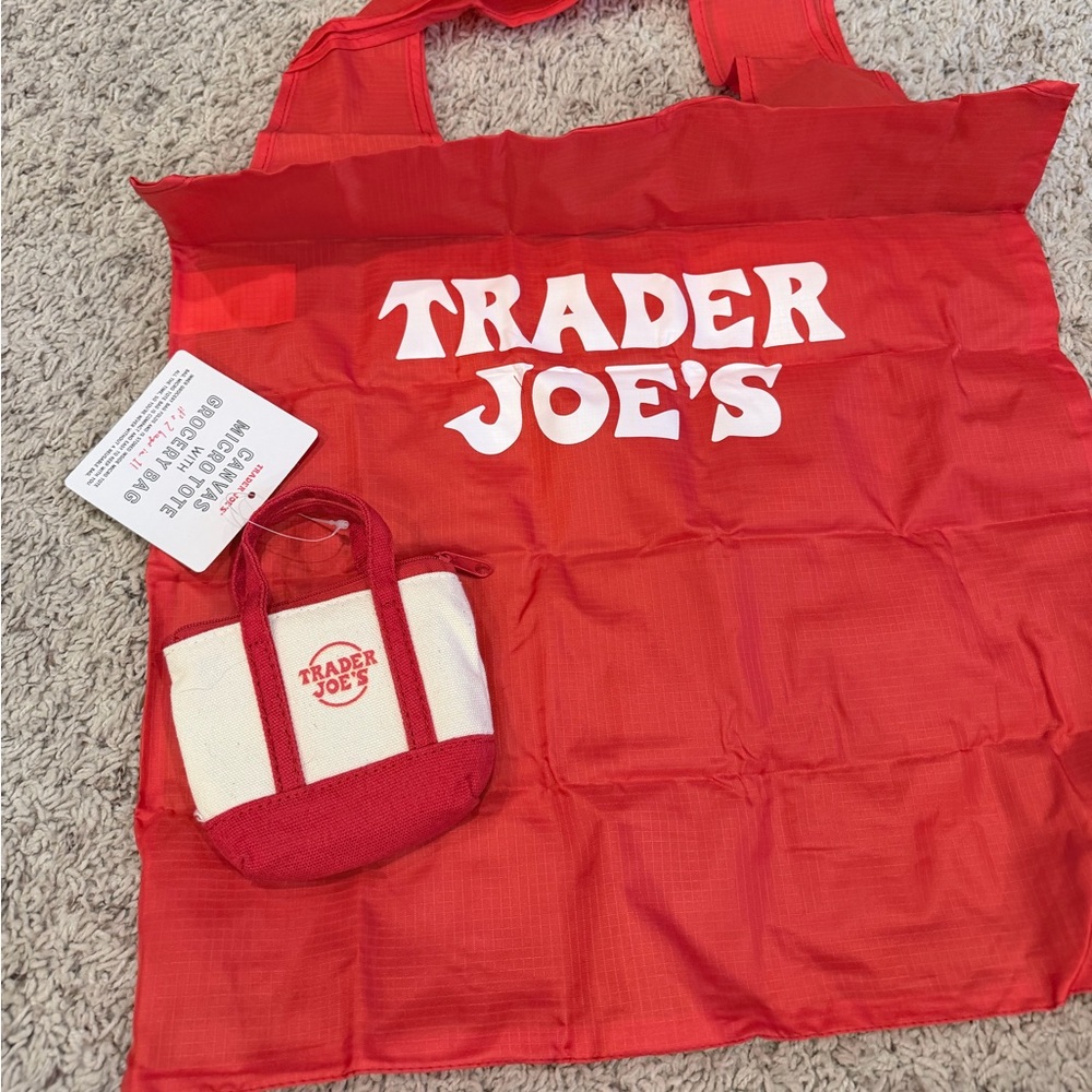Trader Joe’s red reusable canvas micro tote with grocery bag